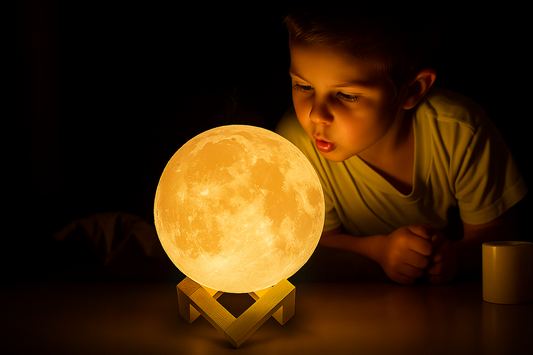 3D Moon Night Lamp – Touch Sensor, 7 Color Changing LED with Wooden Stand, 15cm USB Light for Bedroom & Gifting